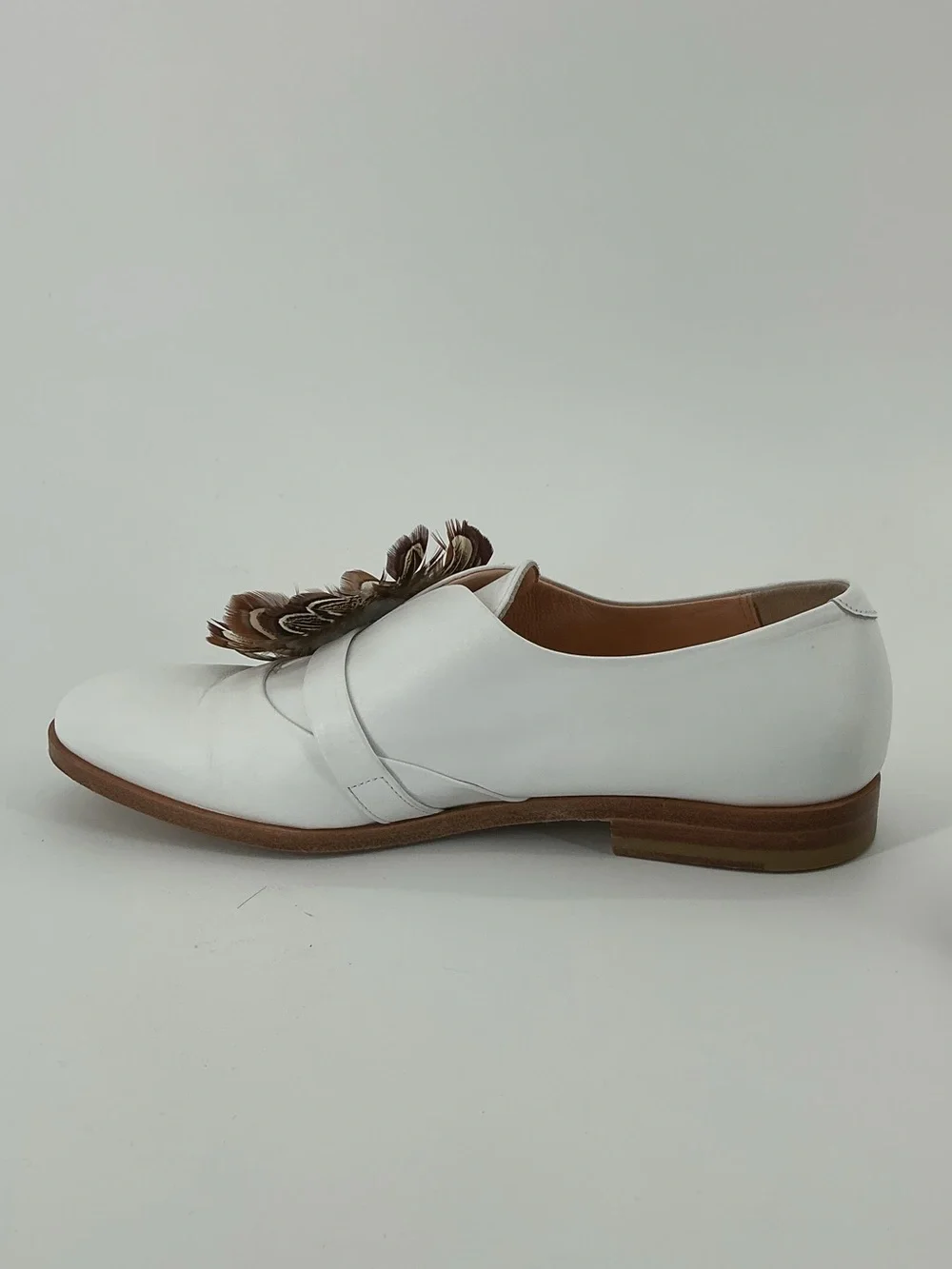 Rupert Sanderson White Leather Feather Embellished Loafers Flats 38